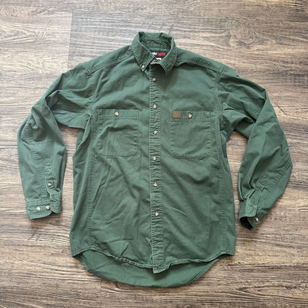 Wrangler Riggs Workwear Shirt Mens M Green Long Sleeve Button Chest Pockets